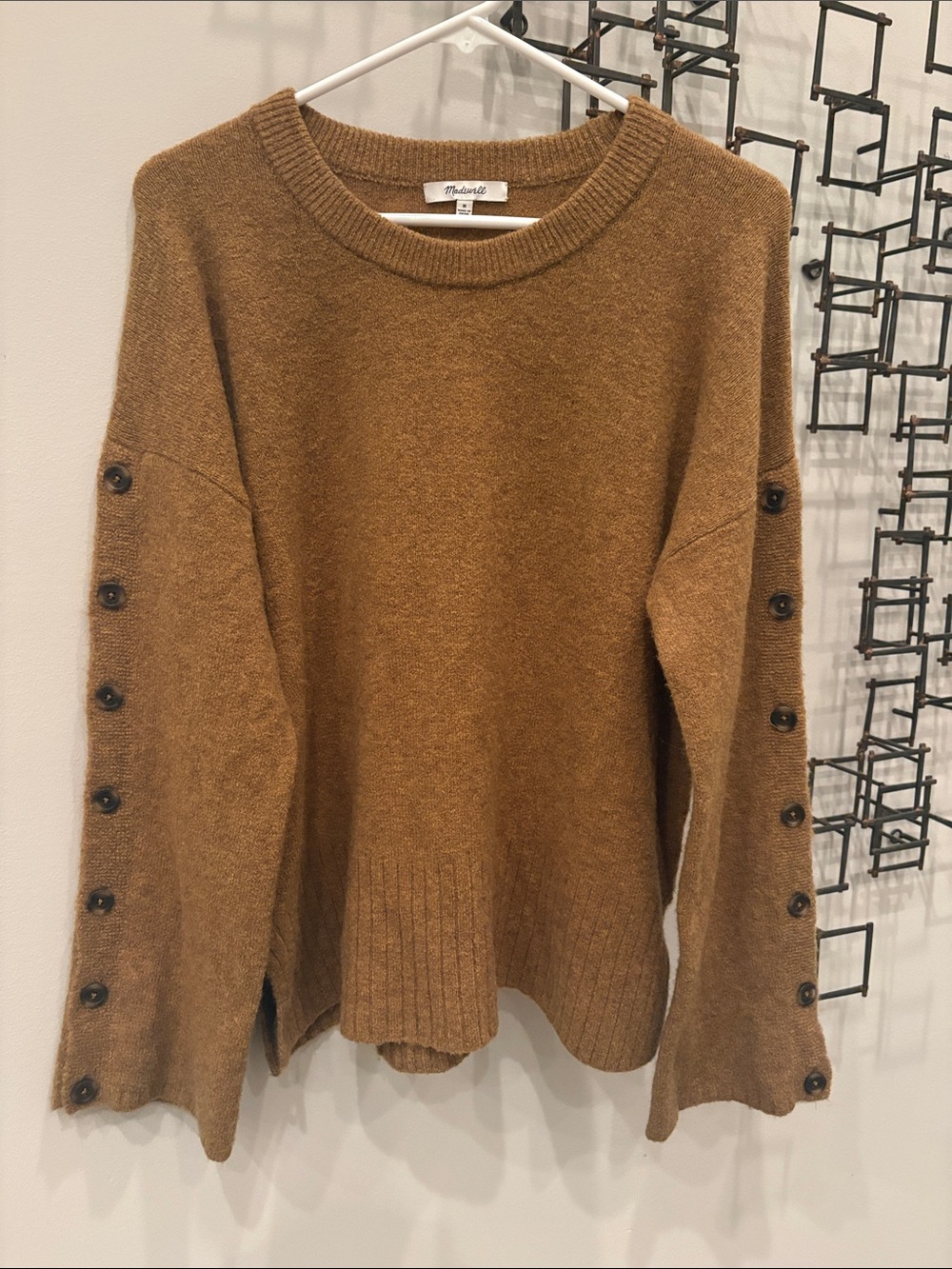 Madewell Button-Sleeve Crewneck Sweater in Camel Brown
